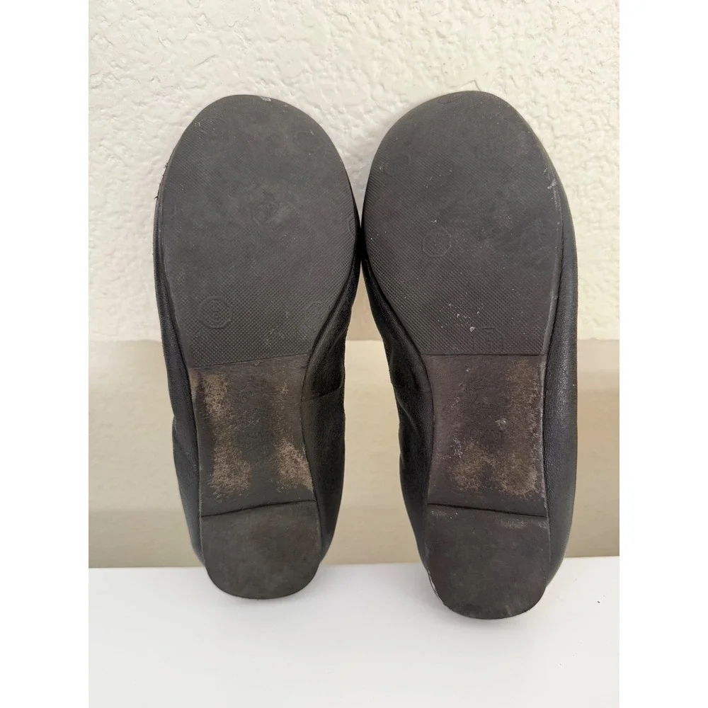 Tory Burch Liana Black Leather Bow Ballet Flats Gold Logo Hardware Round Toe 6.5
